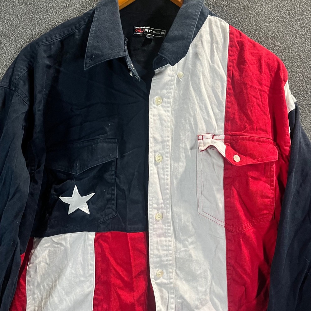 Roper Mens XL American Flag Western Shirt Patriotic Stars Stripes Cotton Twill